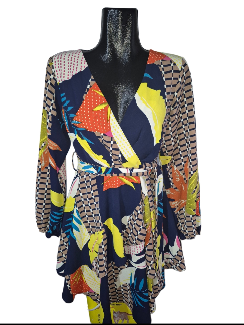 Colorful Geometric Abstract Wrap Style Swing Skater Belted Dress Size M - Picture 2 of 6